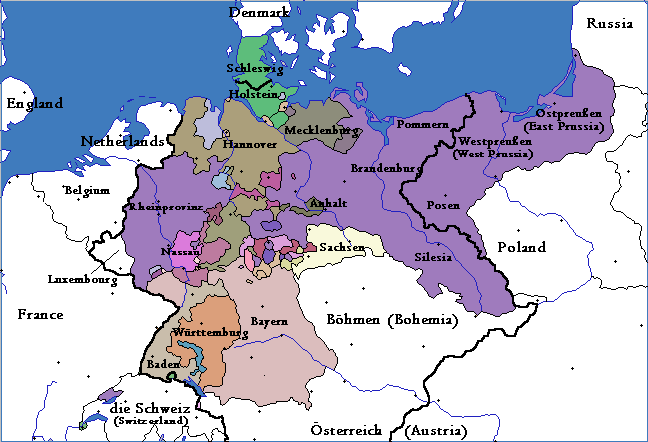 map of Germanic Europe with a darker line showing the borders of the German Confederation