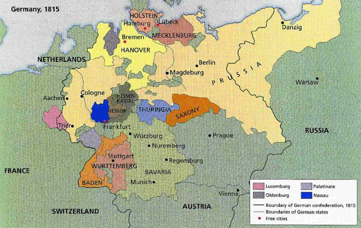 Historical map showing the states of the German Confederation in 1815