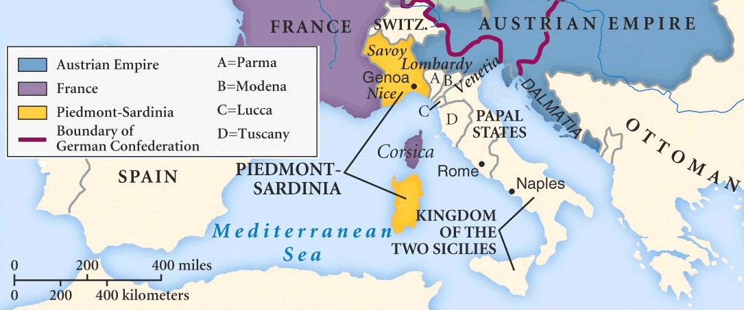 map of the Italian states in 1848