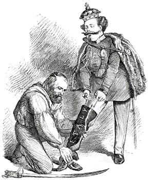 Caricature of Victor Emmanuel's leg filling the 'boot' of Italy with the aid of Garibaldi