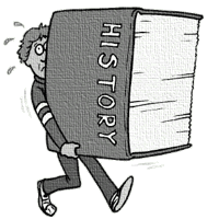 image of a young man attempting to carry a huge history book