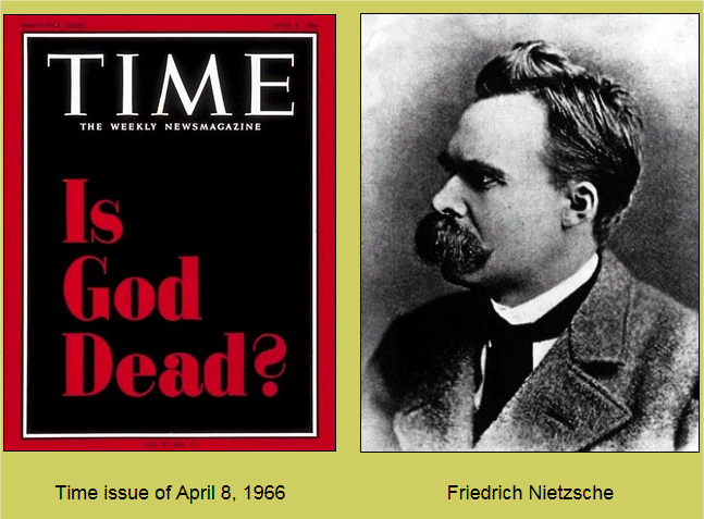 Time magazine front page asking 'Is God Dead?' side by side with a picture of Friedrich Nietzsche