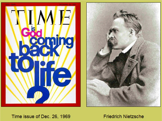 Time magazine front page asking 'Is God coming back to life?' side by side with a picture of Friedrich Nietzsche