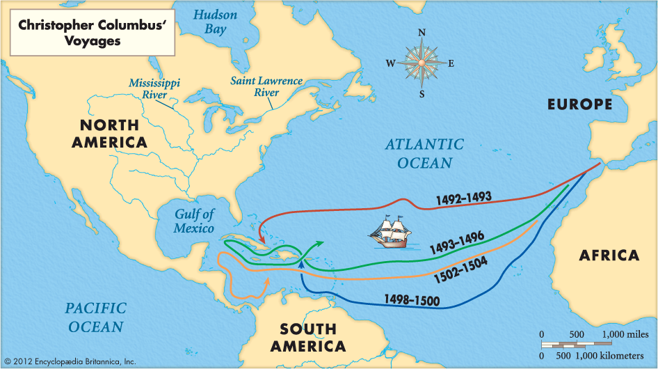 Map showing of Christopher Columbus' voyages of 1492 - and later