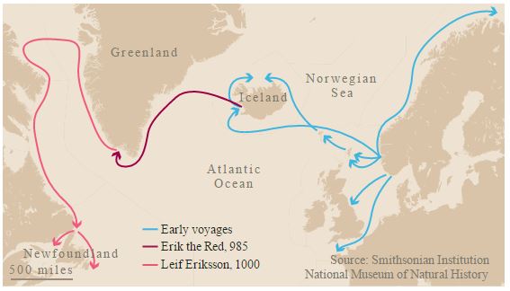 map showing Newfoundland and the routes of early viking voyages